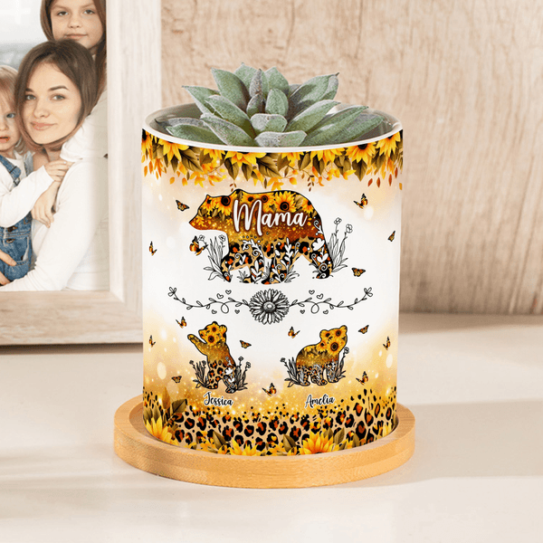Personalised Watercolour Sunflower Leopard Print Mom-Baby Bear Ceramic Flower Pot with Names Mother's Day Birthday Gift for Mom