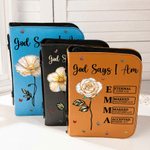 Personalized God Says I Am Birth Flower PU Leather Bible Book Cover with Zipper and Carry Handle Baptism Religious Day Gift for Christians Women