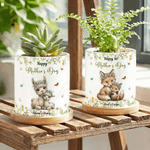 Personalized Cartoon Daisy Animal Pattern Ceramic Flower Pot with Name and Bamboo Tray Mother's Day Gift for Mom