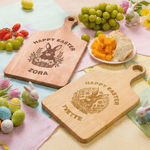 Personalised Happy Easter Cute Bunny Wooden Reversible Charcuterie Chopping Board with Engraved Names and Grip Easter Gift for Family Friends