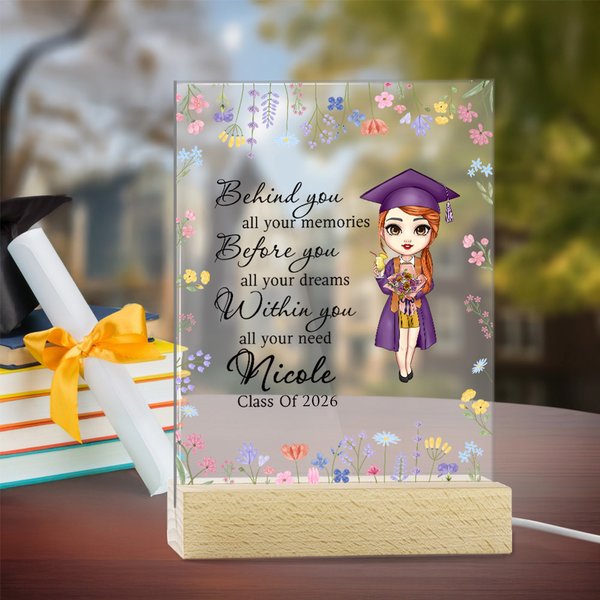 Personalized Floral Border Cartoon Graduation Girl Four-color Adjustable LED Night Light with Wooden Base and Name Graduation Gift for Graduates