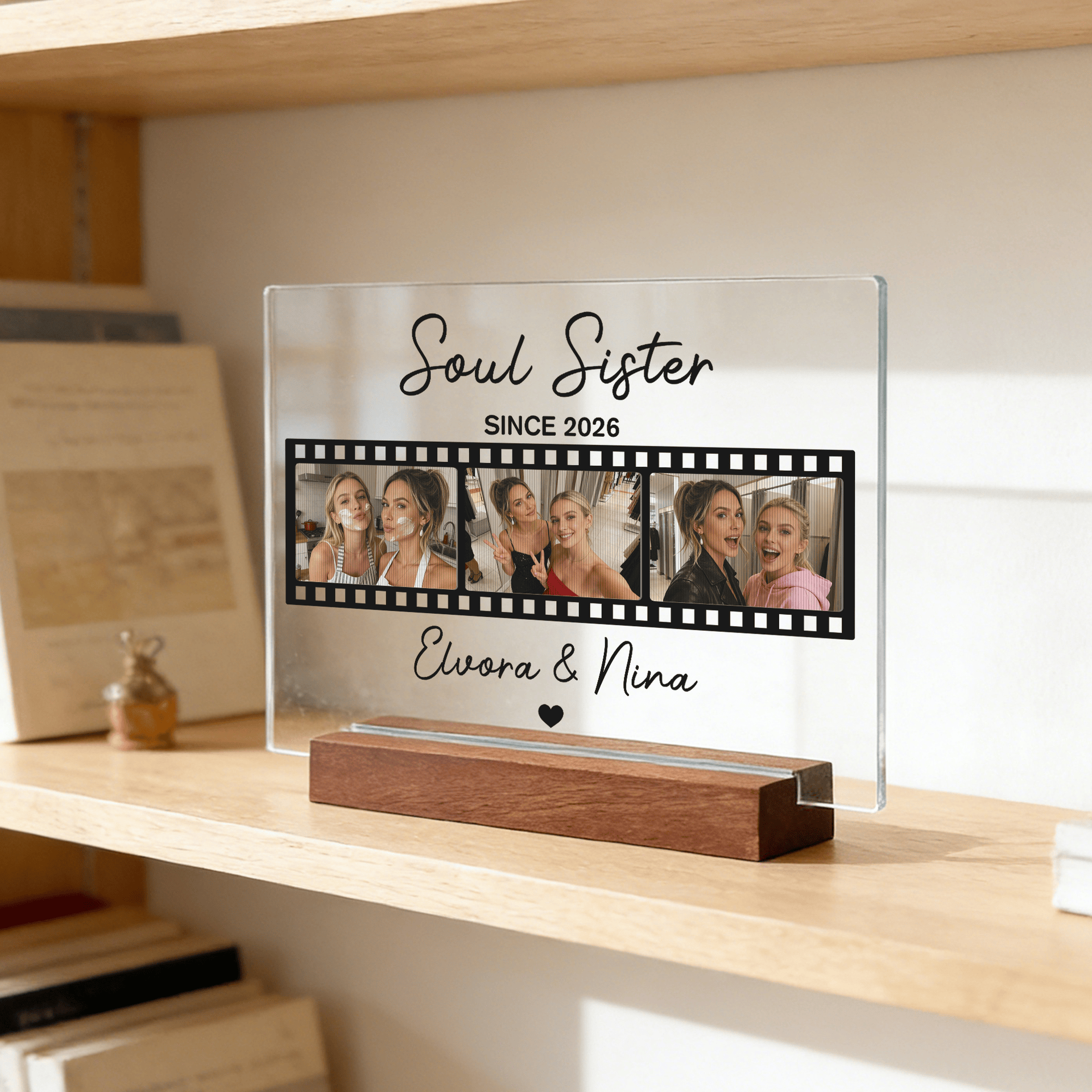 Personalised Film Strip 3 Photos Grating Acrylic Ornament with Title Date Name and Wooden Base Desk Decor Birthday Gift for Best Friend Family