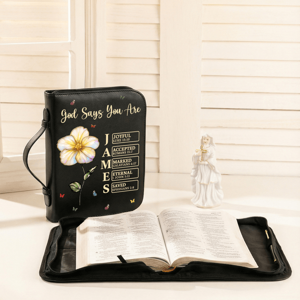 Personalized God Says I Am Birth Flower PU Leather Bible Book Cover with Zipper and Carry Handle Baptism Religious Day Gift for Christians Women