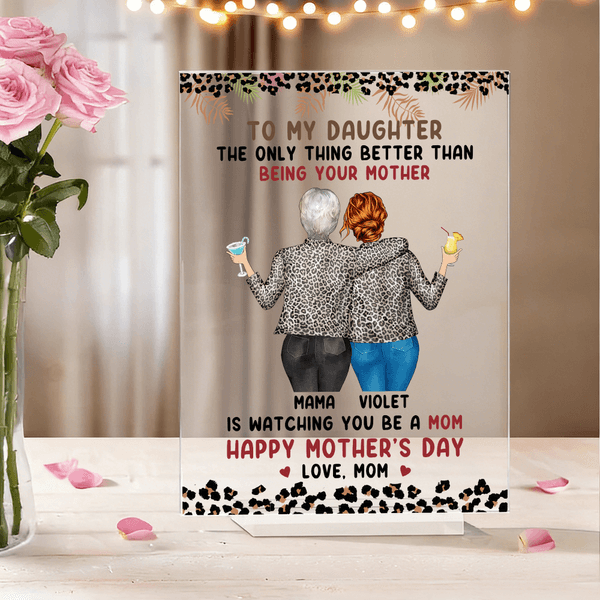 Personalised Leopard Cartoon Mother and Daughter Back View Acrylic Plaque with Names Home Decor Birthday Gift for Women