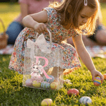 Personalisierte Aquarell Hase Handheld Bouquet Initial klar Geschenk Tasche mit Namen und rosa Schleife Band Ostereierjagd Party Geschenk für Kinder