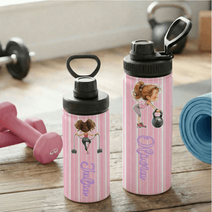 Personalized Cartoon Fitness Girl Vertical Stripe 12 oz/18 oz Insulated Water Bottle with Name Birthday Gift for Women Fitness Lovers