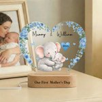 Personalized Cute Mom-Child Animal Floral Heart Shape Acrylic LED Night Light with Name and Wooden Base First Mother's Day Gift for New Mom