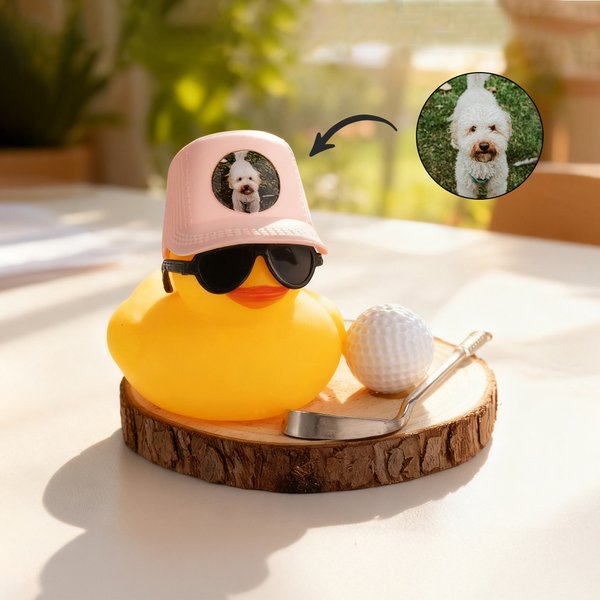 Personalised Cute Photo Cap Golf Duck with Wooden Base Desk Decor Birthday Gift for Golf Lovers
