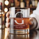 Personalized Grad Cap Initial Name 10 oz Whiskey Rocks Glasses Slate Coaster with School and Text Graduation Party Gift for Graduate Drinkers