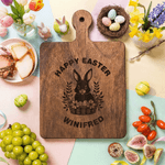 Personalised Happy Easter Cute Bunny Wooden Reversible Charcuterie Chopping Board with Engraved Names and Grip Easter Gift for Family Friends