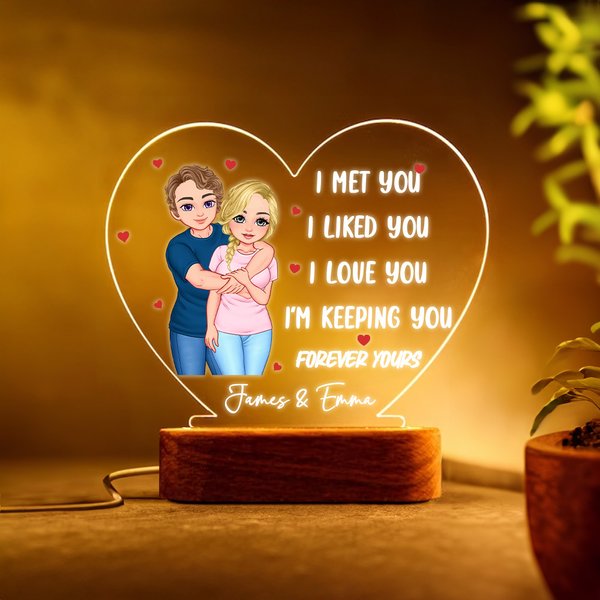 Personalizzato personaggio dei cartoni animati che si abbraccia a forma di cuore Luce notturna a LED in acrilico con base in legno e nome Regalo di San Valentino per la casa per la coppia