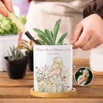 Personalisierte Aquarell Foto Stil Blume Keramik Pflanzentopf mit Namen und Bambus Basis Muttertag Geburtstag Geschenk für Mama Oma