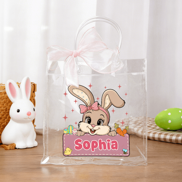 Gepersonaliseerde Schattige Konijnentas met Roze Strik en Naam Eieren Jacht Feest Pasen Cadeau voor Jongens Meisjes