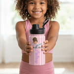 Personalized Cartoon Fitness Girl Vertical Stripe 12 oz/18 oz Insulated Water Bottle with Name Birthday Gift for Women Fitness Lovers