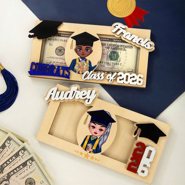 Personalized Grad Cap Cartoon Character Wooden Money Holder Cash Envelope with Name and Year Graduation Gift for Class of 2026 Graduates