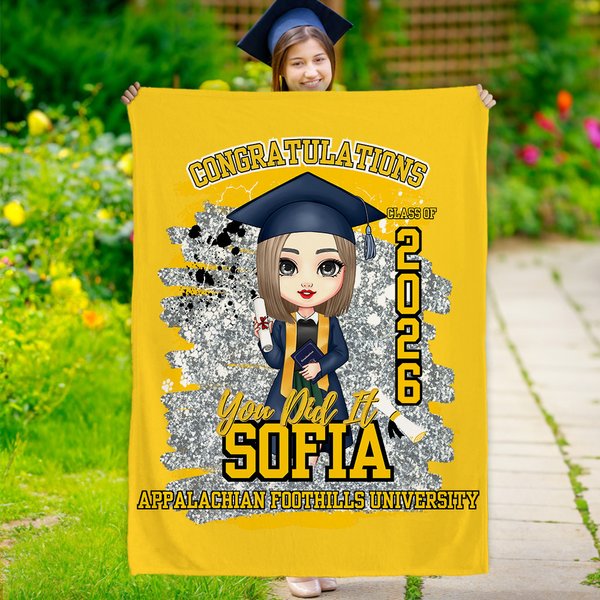 Personalized Congratulations You Did It Cartoon Character Sequin Soft Throw Blanket with Name and School Graduation Birthday Gift for Graduates