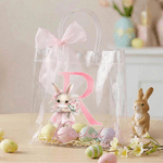 Personalisierte Aquarell Hase Handheld Bouquet Initial klar Geschenk Tasche mit Namen und rosa Schleife Band Ostereierjagd Party Geschenk für Kinder