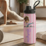 Personalized Cartoon Fitness Girl Vertical Stripe 12 oz/18 oz Insulated Water Bottle with Name Birthday Gift for Women Fitness Lovers