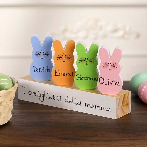 Set di blocchi di legno personalizzati da 1 a 15 coniglietti colorati con nome decorazione per la casa regalo di Pasqua per famiglia
