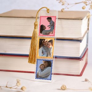 Personalized Multicolor Postage Stamp Design 3 Photos Acrylic Bookmark with Tassel Reading Supplies Birthday Gift for Friends Family