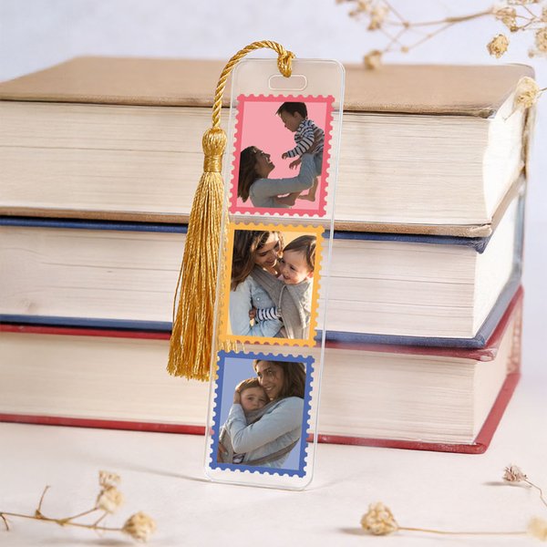 Personalised Multicolour Postage Stamp Design 3 Photos Acrylic Bookmark with Tassel Reading Supplies Birthday Gift for Friends Family
