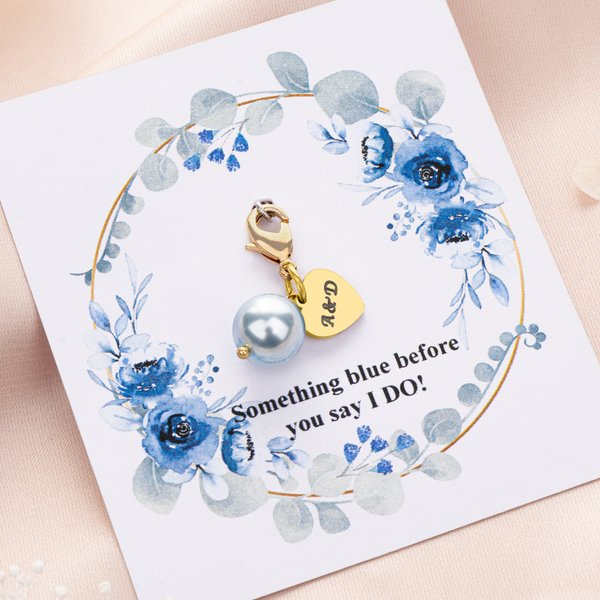 Personalised Blue Pearl Heart Charm Bouquet Clip with Text and Floral Card Wedding Engagement Gift for Bride Bridesmaid