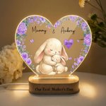 Personalized Cute Mom-Child Animal Floral Heart Shape Acrylic LED Night Light with Name and Wooden Base First Mother's Day Gift for New Mom