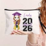 Personalised 2026 Cartoon Graduate Character Linen Wristlet Makeup Bag with Name Graduation Ceremony Birthday Gift for Women Girls