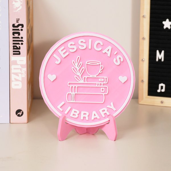 Personalized Book Cat Coffee 3D-Printed Acrylic Library Sign with Name Desk Bookshelf Decor Birthday Gift for Bookworms Book Lovers