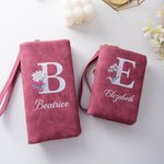 Personalised Pearl Laser Birth Flower PU Leather Folded Wristlet Wallet with Name and Multiple Card Slots Birthday Anniversary Gift for Women