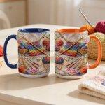 Personalised Colourful Crochet Knitting Tools Design 11 oz 15 oz Ceramic Mug with Name and Coaster Mother's Day Birthday Gift for Women Knitting Lovers