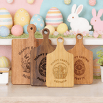 Personalised Happy Easter Cute Bunny Wooden Reversible Charcuterie Chopping Board with Engraved Names and Grip Easter Gift for Family Friends