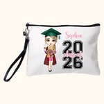 Personalised 2026 Cartoon Graduate Character Linen Wristlet Makeup Bag with Name Graduation Ceremony Birthday Gift for Women Girls