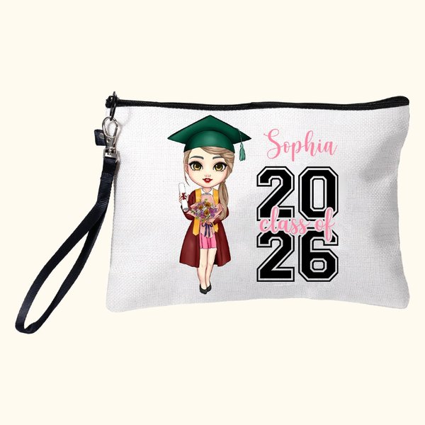 Personalized 2026 Cartoon Graduate Character Linen Wristlet Makeup Bag with Name Graduation Ceremony Birthday Gift for Women Girls