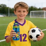 Personalized Cartoon Soccer Character Face Photo Name 16 oz Water Bottle with Silicone Straw and Handle Birthday Back to School Gift for Boys Girls