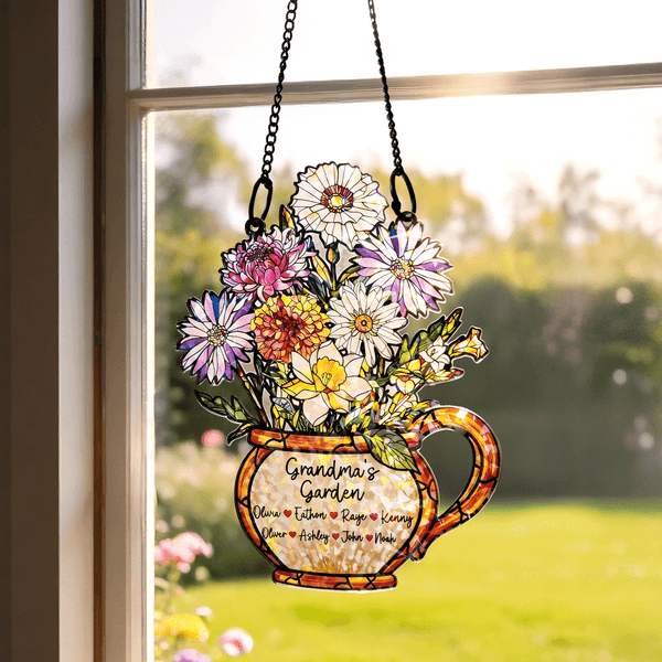 Personalized Birth Flower Stained Glass Design Suncatcher with Title and 1-10 Names Mother's Day Gift for Grandma Mom