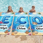 Personalisiertes Strandtuch mit Wassereffekt-Initiale | Meerestiermotiv | in Übergröße erhältlich | Sommerausflug Geburtstag Geschenk für Kinder