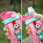 Personalized Cartoon Soccer Character Face Photo Name 16 oz Water Bottle with Silicone Straw and Handle Birthday Back to School Gift for Boys Girls