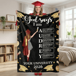 Personalised Cartoon Graduate Character God Says I Am Bible Name Soft Throw Blanket with Year and School Graduation Gift for 2026 Graduates