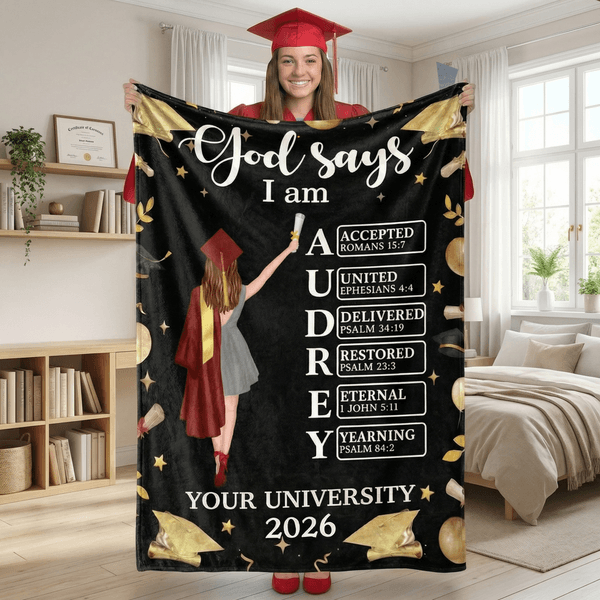 Personalised Cartoon Graduate Character God Says I Am Bible Name Soft Throw Blanket with Year and School Graduation Gift for 2026 Graduates