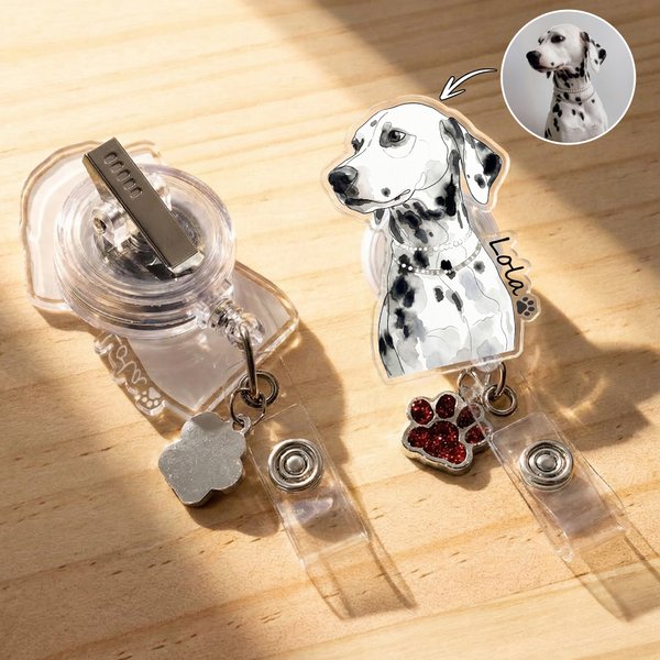 Personalised Watercolor 1-3 Pet Photos Retractable ID Card Badge Reel with Name and Glitter Paw Charm Birthday Gift for Medical Staff Pet Lover