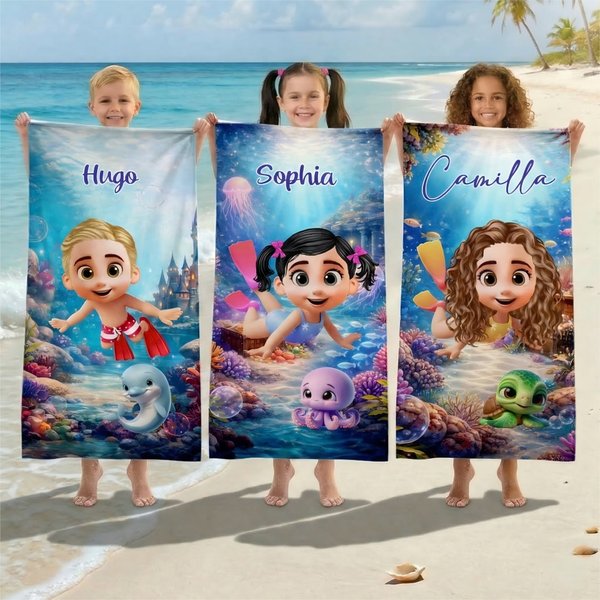 Personalisiertes Strandtuch mit eigener 3D-Taucherfigur | mit Namen | sandabweisend | schnelltrocknend | Sommer Urlaub Geschenk für Familie Freunde