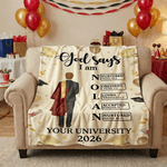 Personalised Cartoon Graduate Character God Says I Am Bible Name Soft Throw Blanket with Year and School Graduation Gift for 2026 Graduates