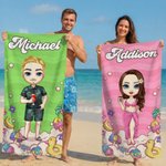 Gepersonaliseerd Cartoon Strandkarakter Sneldrogend Oversized Strandlaken met Naam en Koord Zakje Zomer Vakantie Feest Verjaardagscadeau voor Kinderen Familie