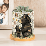 Personalised Cute Floral Butterfly Bear Mom Kid Ceramic Flower Pot with 1-5 Names and Bamboo Tray Mother's Day Birthday Gift for Mom