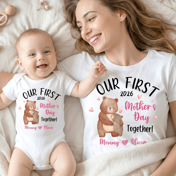 Personalized 100% Cotton First Mother's Day Bear Pattern T-shirt Bodysuit with Name and Year Daily Wear Mother's Day Gift for Mom Grandma