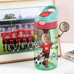 Personalized Cartoon Soccer Character Face Photo Name 16 oz Water Bottle with Silicone Straw and Handle Birthday Back to School Gift for Boys Girls