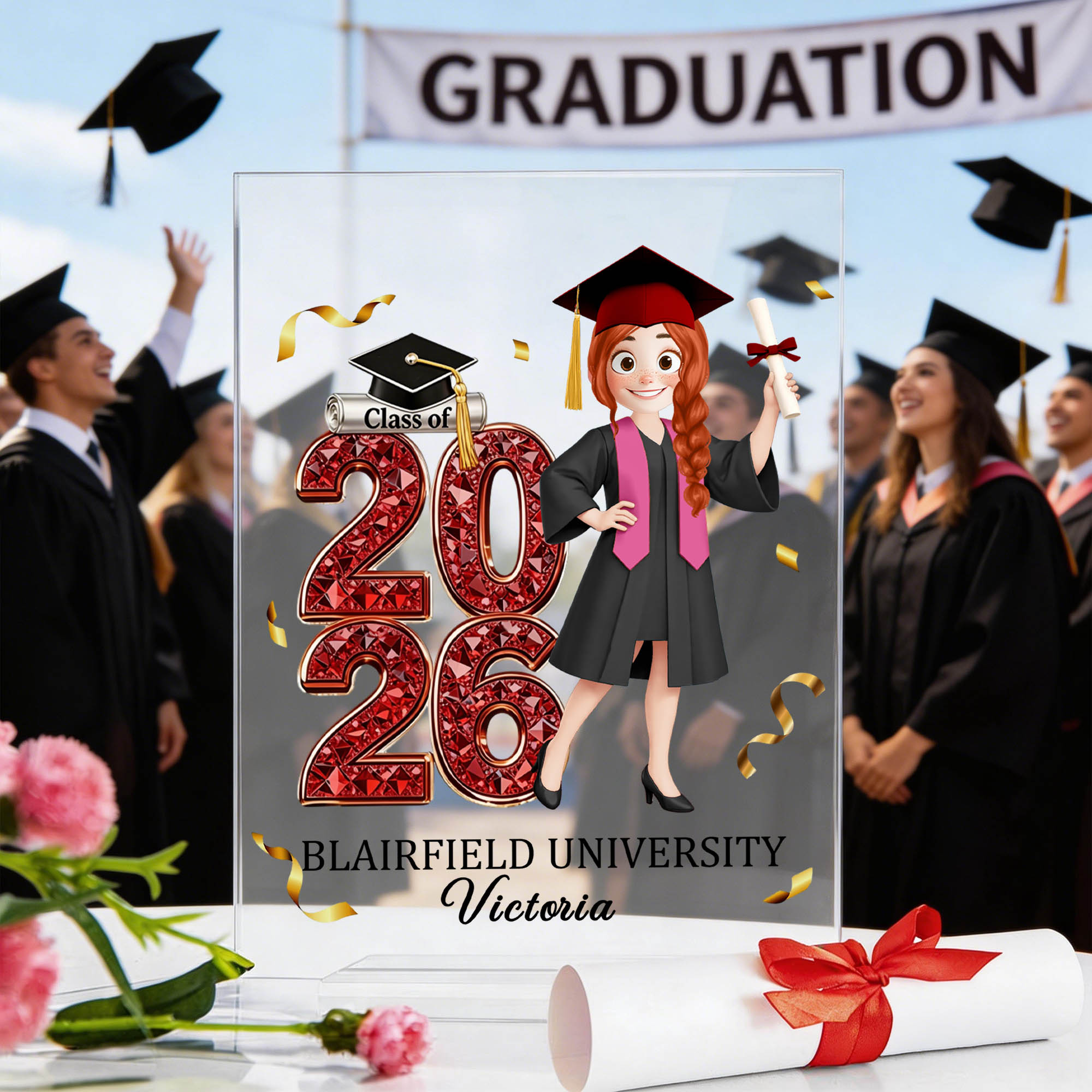 Placa acrílica personalizada con el nombre y el año del personaje de graduación de dibujos animados Regalo de recuerdo de graduación para graduados