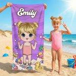Gepersonaliseerd Cartoon Strandkarakter Sneldrogend Oversized Strandlaken met Naam en Koord Zakje Zomer Vakantie Feest Verjaardagscadeau voor Kinderen Familie