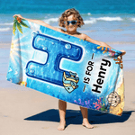 Personalisiertes Strandtuch mit Wassereffekt-Initiale | Meerestiermotiv | in Übergröße erhältlich | Sommerausflug Geburtstag Geschenk für Kinder